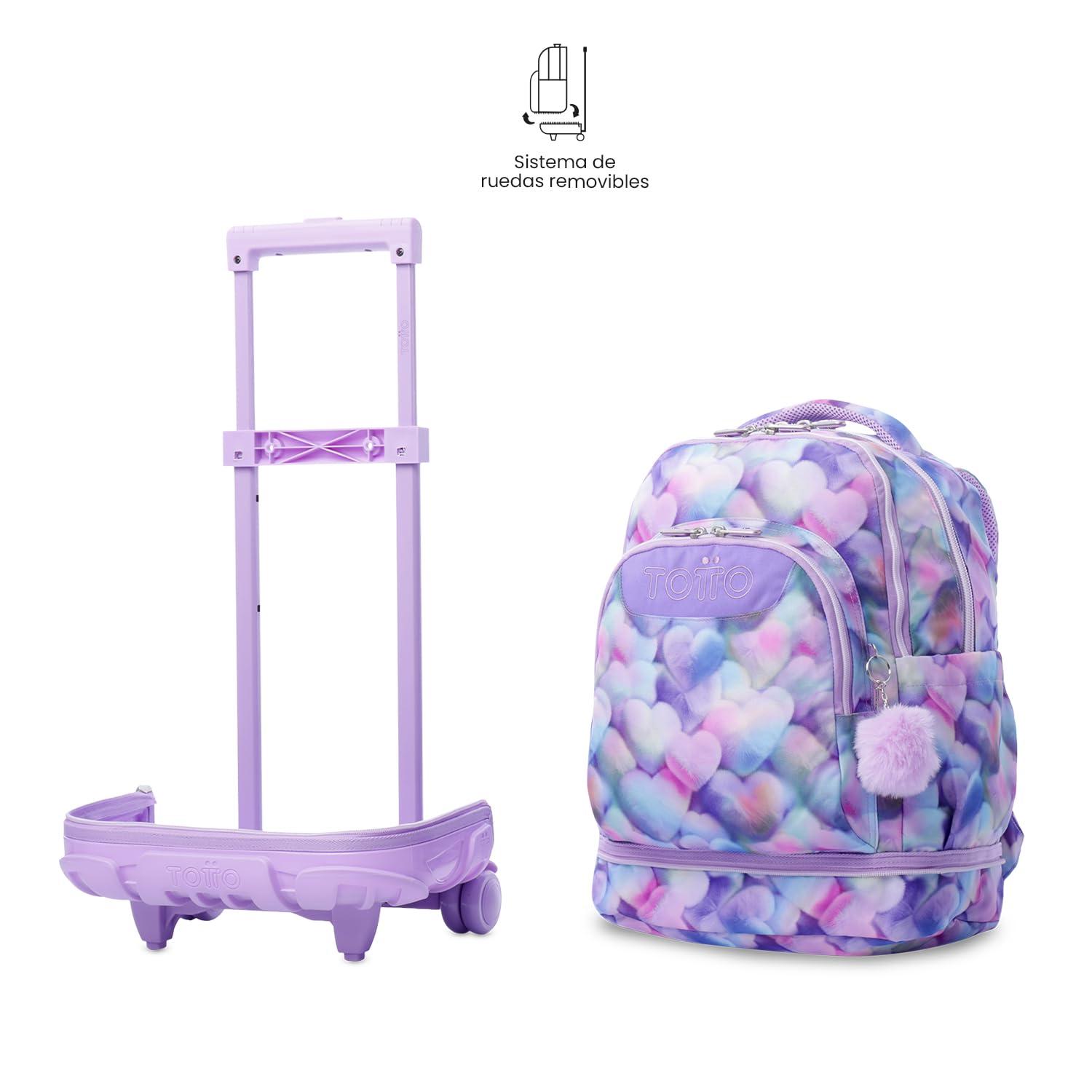 TOTTO - Mochila Escolar con Ruedas Desmontables, Modelo Tiza, Capacidad 26 L, Mochila PC 15.4", Bolsillo Botella, Manija Telescópica, Espaldar Ergonómico y Correas en S, Estampado Kory Morado