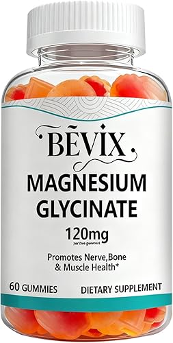 BEVIX Gomitas de glicinato de magnesio, alta absorción de 120 mg para adultos, gomitas complejas de glicinato de magnesio sin azúcar, 60 unidades