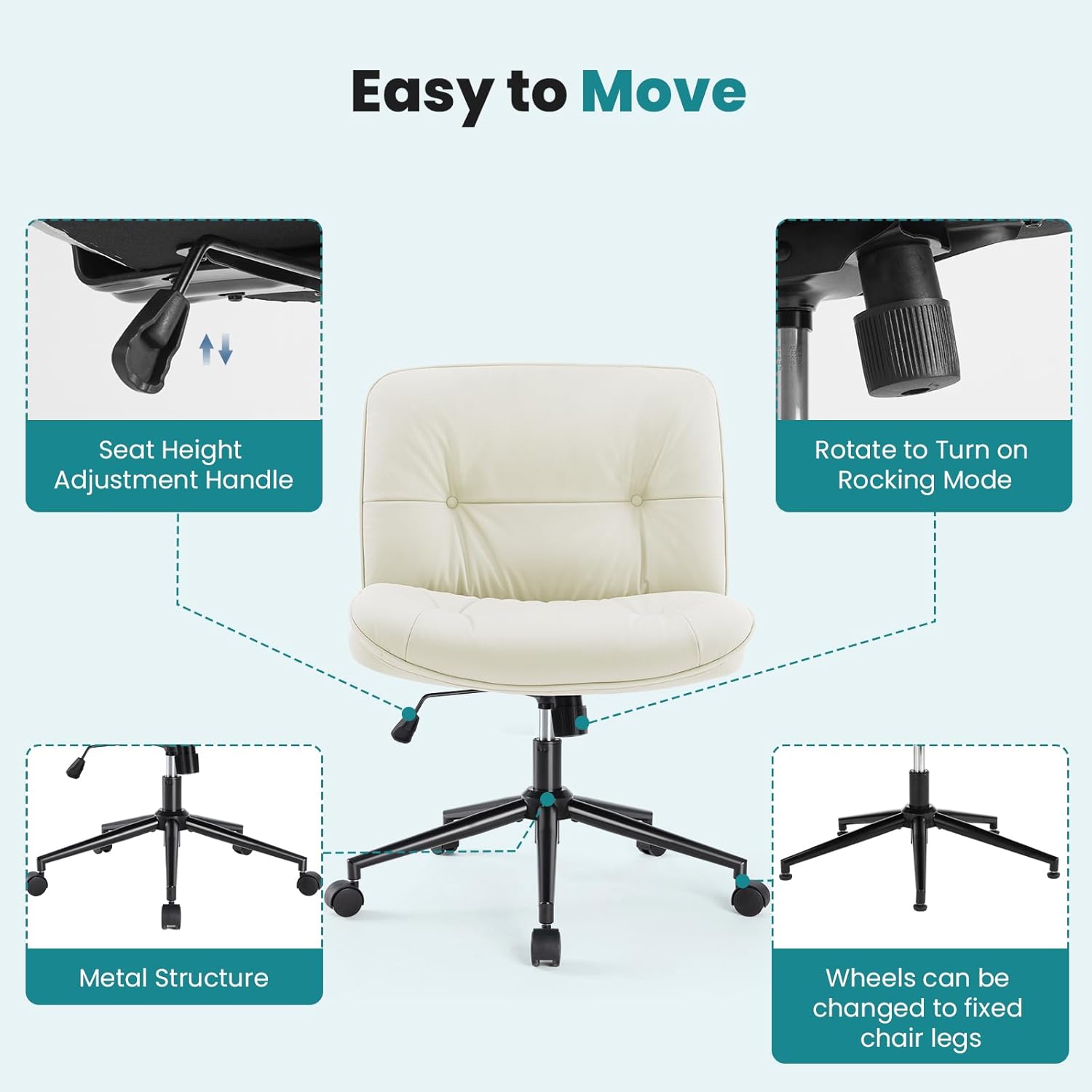 OLIXIS Criss Cross Chair with Wheels, Armless Wide Cross Legged Vanity Office Desk Chair with Comfy PU Leather& Back - Swivel for Home Office Bedroom, Beige