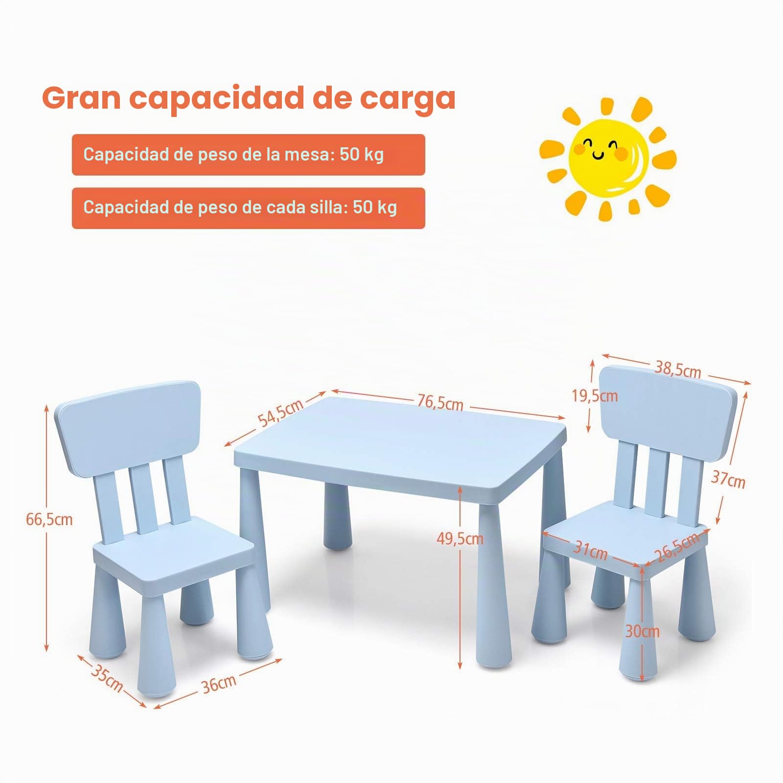 FANTASK Juego de Mesa Infantil de 3 Piezas, Mesa Infantil con 2 sillas, Muebles Infantiles de plástico, Mantel Individual para guardería y habitación Infantil (Azul)