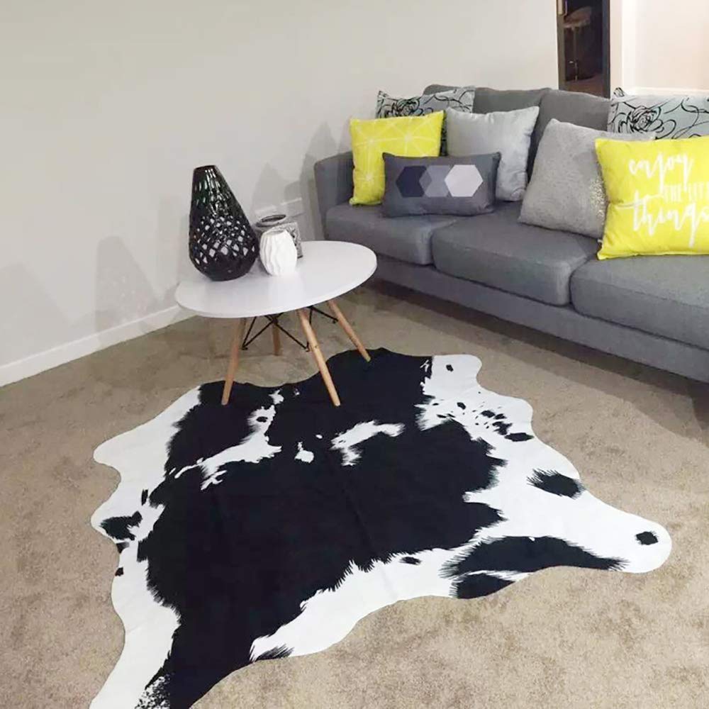 Kuhfell-Teppich Rutschfester Kunstfell Teppich, 140 x 160 cm Faux Rindsleder Drucken Mat für Wohnzimmer Schlafzimmer Büro Stuhl Sofa (Kuh-Schwarz, 140x160cm)
