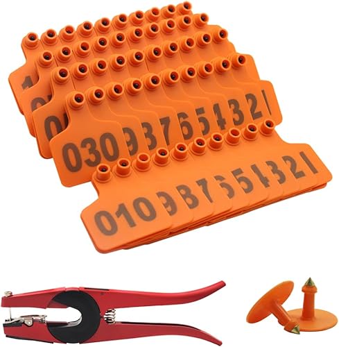 Etiquetas de oído de ganado para vacas 001-100 Kit de instalación de etiquetas de oreja (naranja)