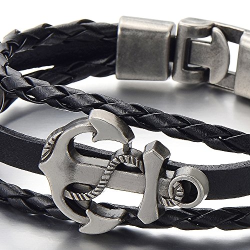 Pulsera de cuero trenzado ancla negro COOLSTEELANDBEYOND miniatura 2