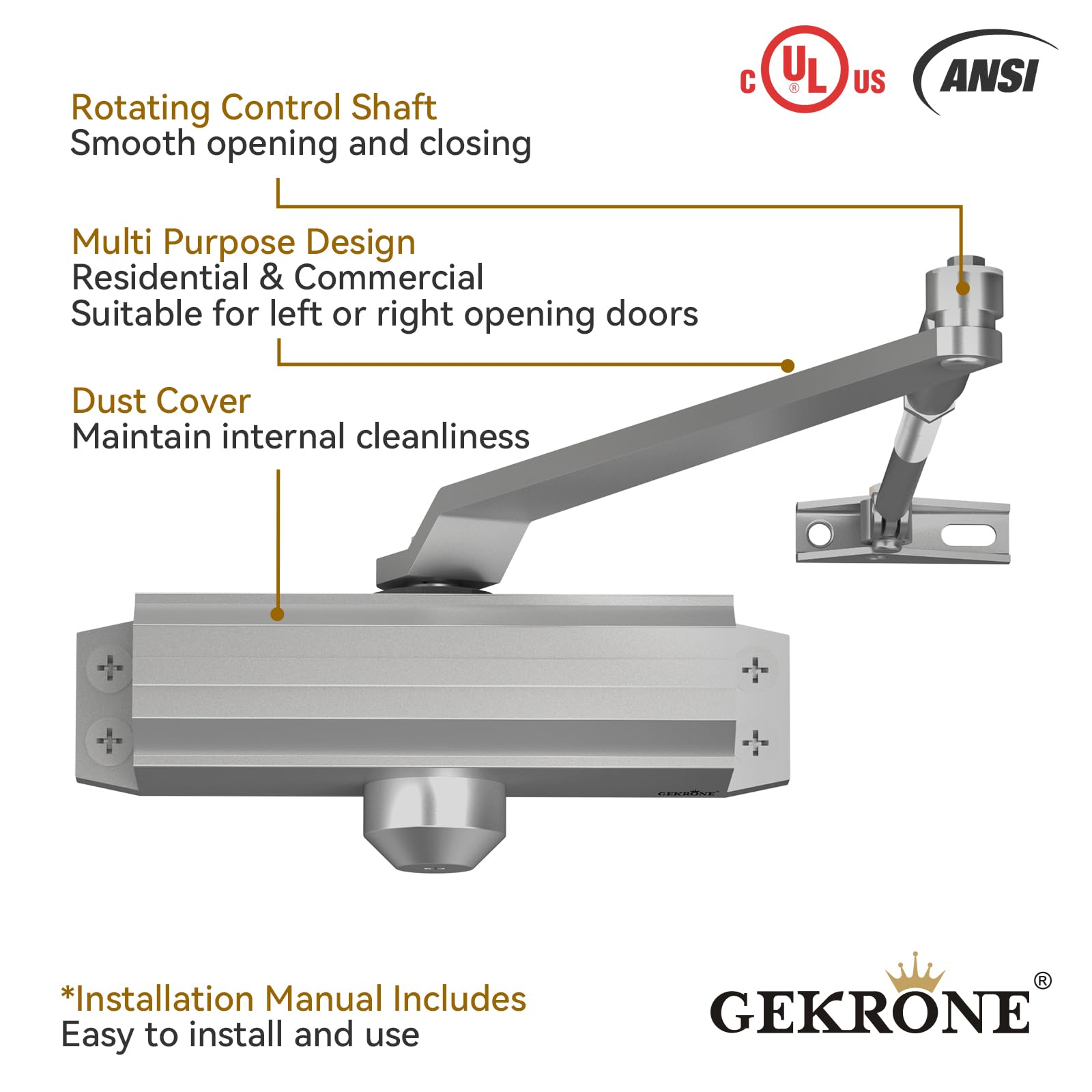 Automatic Door Closer Heavy Duty Fire Prevention Spring Hydraulic Aluminum Alloy Surface Mounted Residential Commercial Grade Door Closer Adjustable Speed Door Weights 55-99 Lbs Size1-Silver — Amazon image 5