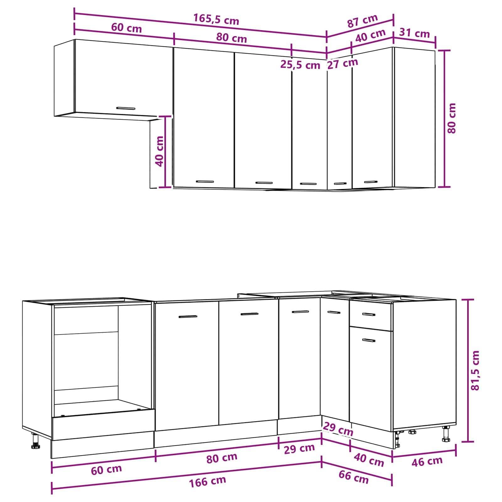 Küchenzeile 8-TLG Lyon Küchenschränke Geräucherte Eiche | Modulare Küchenmöbel aus Holzwerkstoff für Küche und Essbereich mit flexiblen Stellfüßen und Wandhalterung.