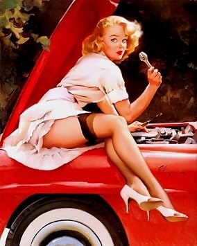 RETRO PINUP GIRL QUALITY CANVAS PRINT Vintage Poster Gil Elvgren Car Bonnet - Paintings Oil Painting Original Drawing Photo Wall Art 12x16inch NO Framed
