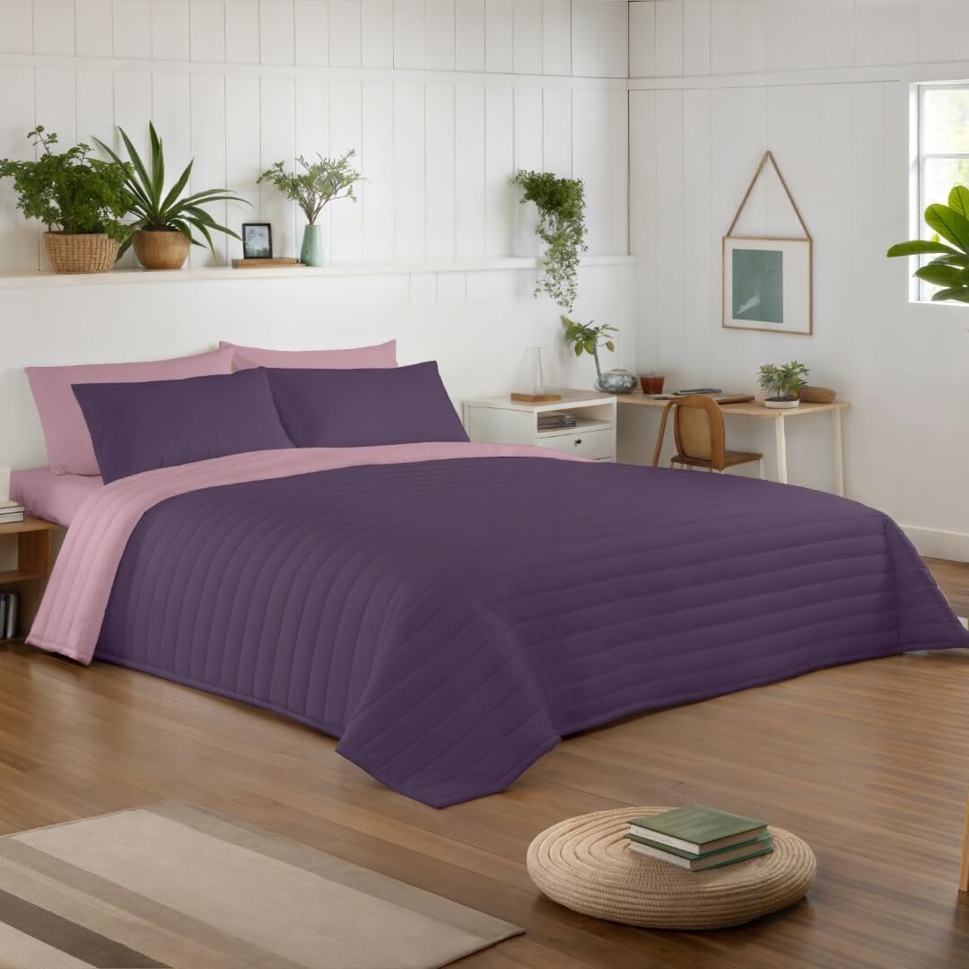 NATURALS - Colcha Bouti Reversible Bicolor | Cama 90/105 (180x260 cm) | Microfibra Extrasuave | Cubrecama Acolchado a Líneas | Ideal Primavera y Verano | Berenjena/Rosa Viejo
