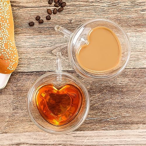 Image of ANKUL Heart Shaped Transparent Double Walled Insulated Glass Pack Of 2 Coffee Mugs Or Tea Cups With Unique Handle (Heart Cup, 2), 250 ml
