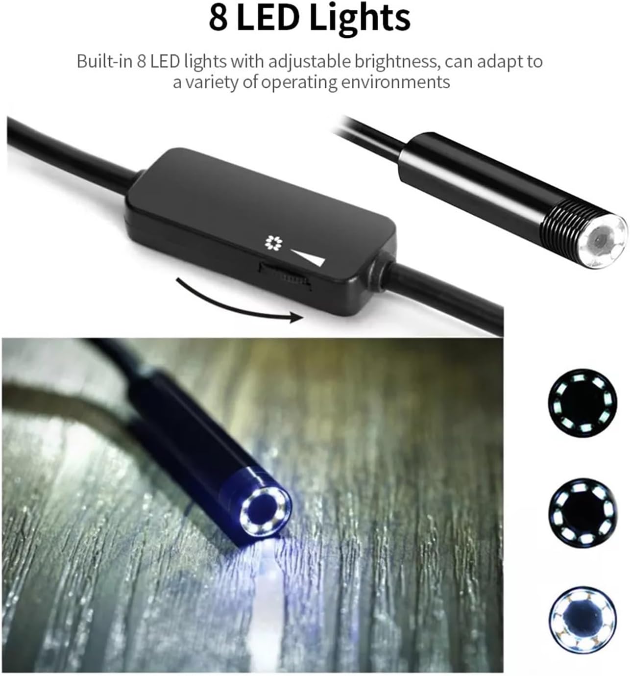 Close-up of endoscope camera tip showing adjustable LED lights and brightness control wheel on the cable