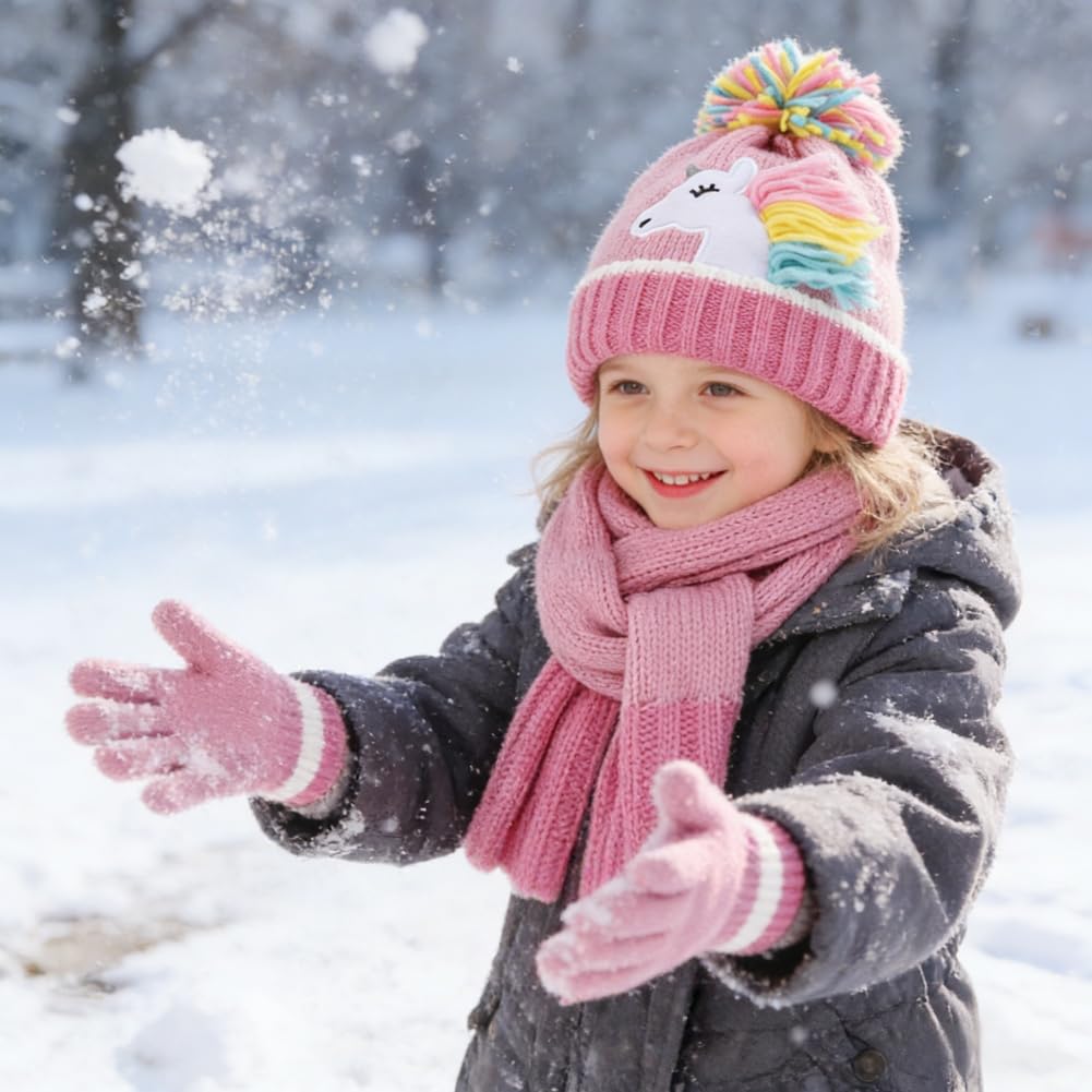 Conjunto de gorro de invierno para niños, bufanda y guantes, gorro de punto cálido con patrón de unicornio y calentador de cuello para niños de 3 a 6 años, paquete de accesorios de invierno