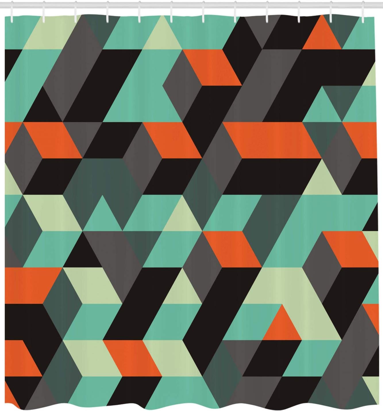 Ambesonne Modern Shower Curtain, Geometrical Print with Squares Triangles Shapes and Shadows Zig Zag Stripes, Cloth Fabric Bathroom Decor Set with Hooks, 69" W x 84" L, Multicolor Almond Green