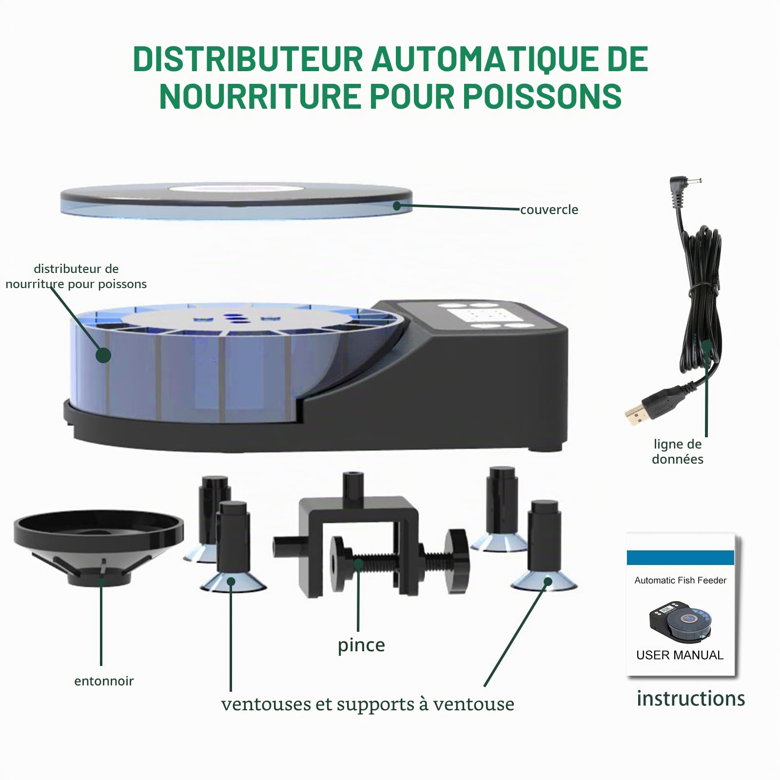 60 ML mangeoire Automatique pour Poissons d'aquarium, Distributeur Automatique de Nourriture avec minuterie, mangeoire Rechargeable avec câble USB, écran LCD