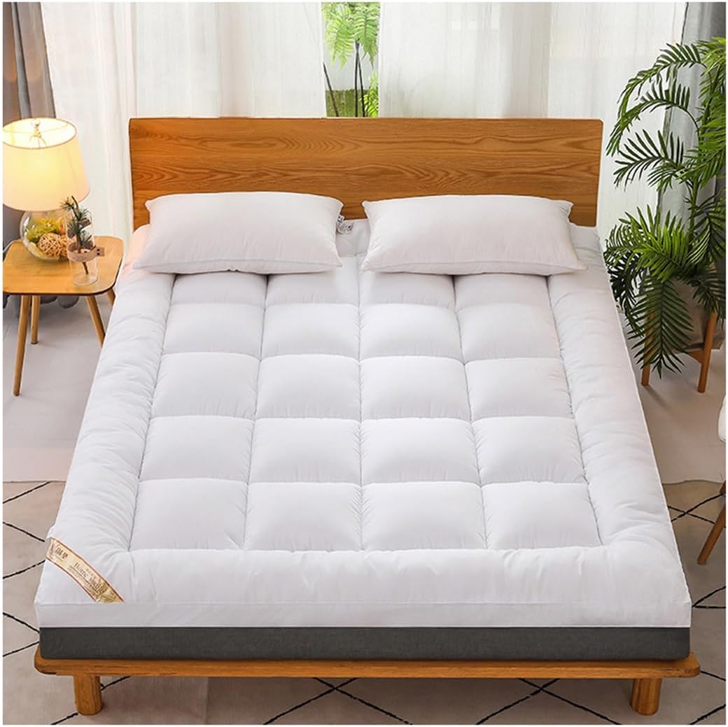 OBONG Down & Feather Mattress Topper King Size Feather Foldable Futon Mattress Sleeping Mat Queen Size 4 Anchor Elastic Bands Breathable Soft Mattresses Pad (Color : White, Size : Full-120 * 200cm)