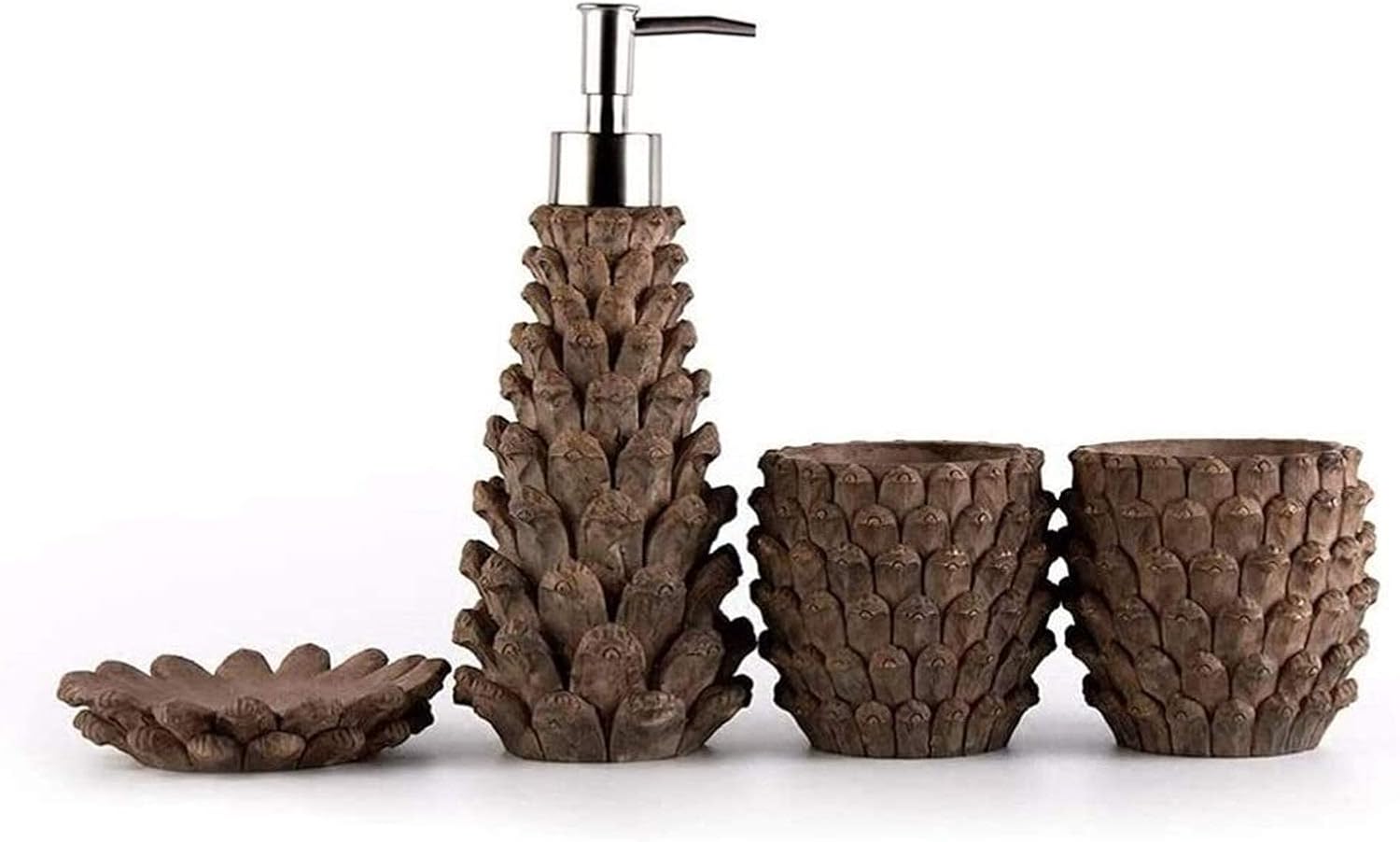 Soap Dispenser Refillable Hand Lotion Dispensers, Soap bottle 4-Piece Resin Bath Accessory Set Includes Liquid Soap or Lotion Dispenser Tumbler, Soap Dish - Holds 220ml Simulated Realistic Pine Cone D