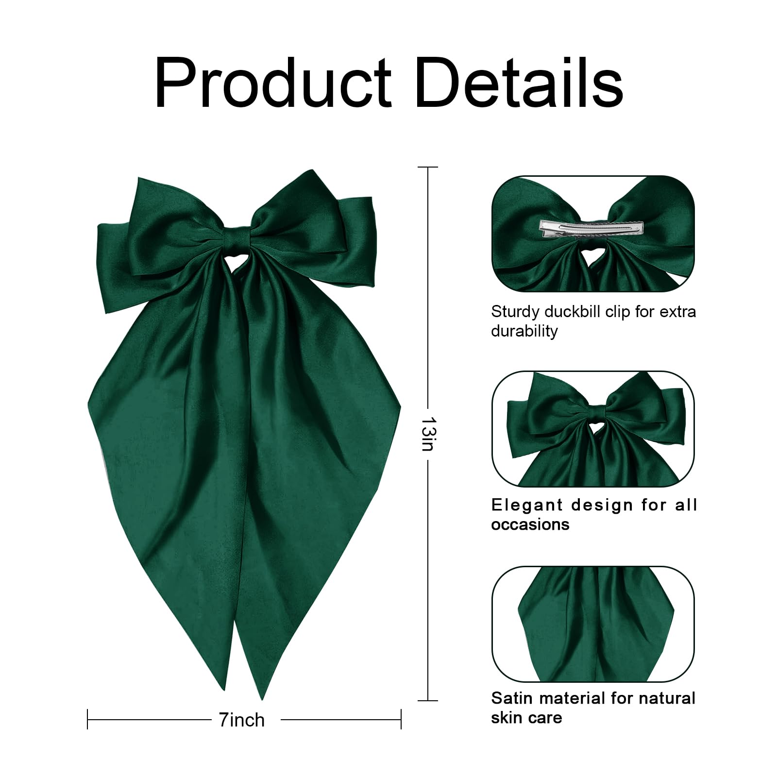 Pasadores grandes de satén para el cabello, lazos verdes para niñas, accesorios para el cabello, regalos para mujeres, pinzas para el pelo con lazo grande para Navidad con pasadores de lazo con clips