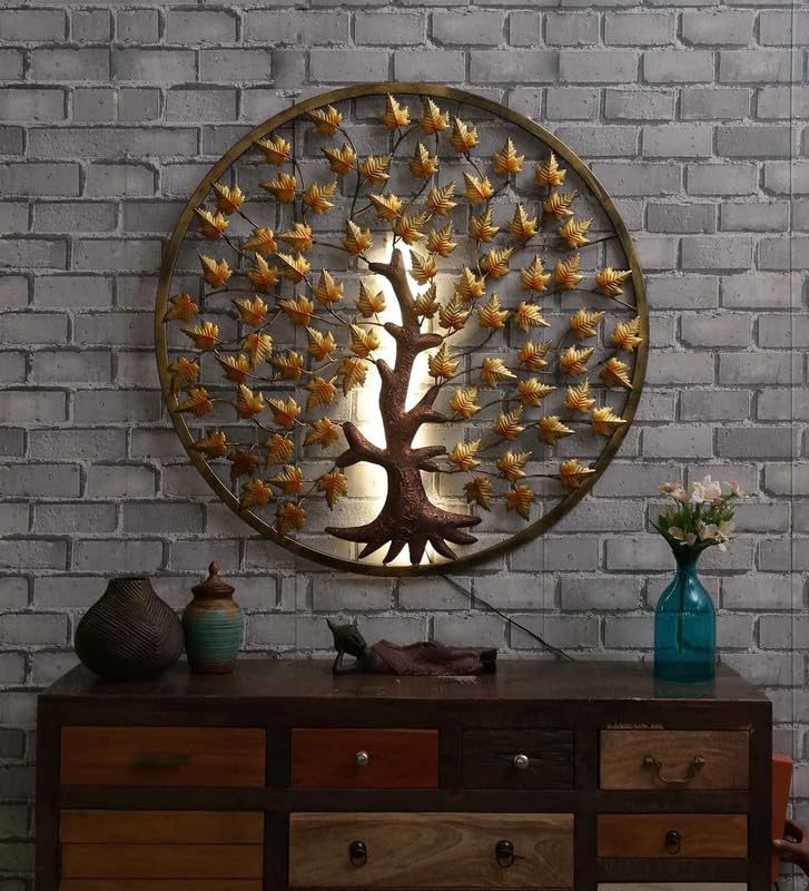 Image of Bharat Art Metal Iron Wall Art Decor for Home Bedroom Living room Cafe Interior Decorative | Elegant Wall Hanging Sculpture with LED Light | Gift Item | Mapple Tree In Ring | 40X2X40 Inch | W281