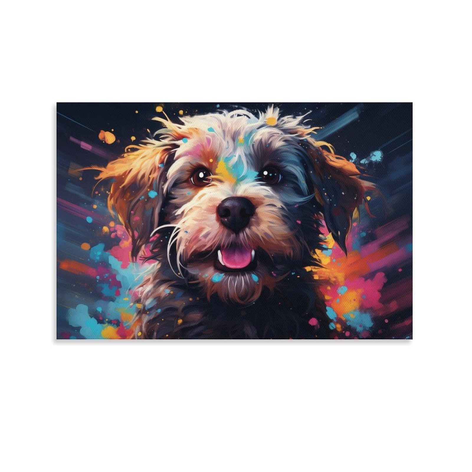 CPLVKWRQJ Bright Magical Colorful Individual Colorful Dog Portrait with Paint Splashes Canvas Artwork - Bedroom Canvas Painting Easy to Clean Space Transformer Decor 20x30inch(50x75cm)