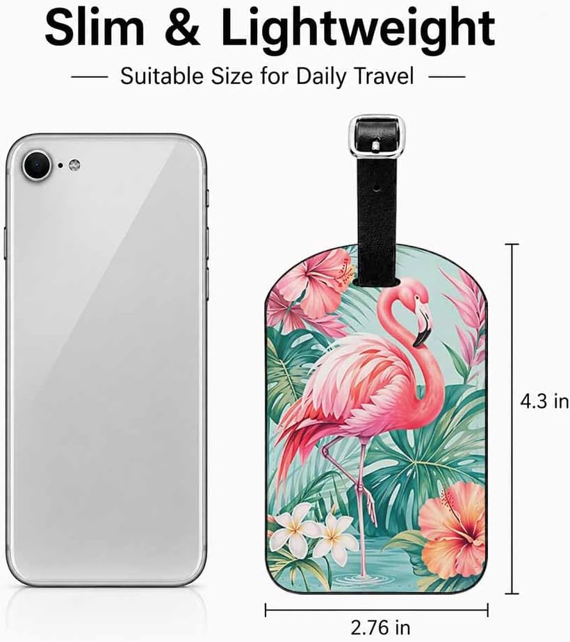 Unique Luggage Tag with Privacy Cover,Pink Flamingo Tropical Hibiscus and Palm Leaves Name ID Label for Suitcases Backpacks Air Travel,1 Pack PU Leather Luggage Tag image 5