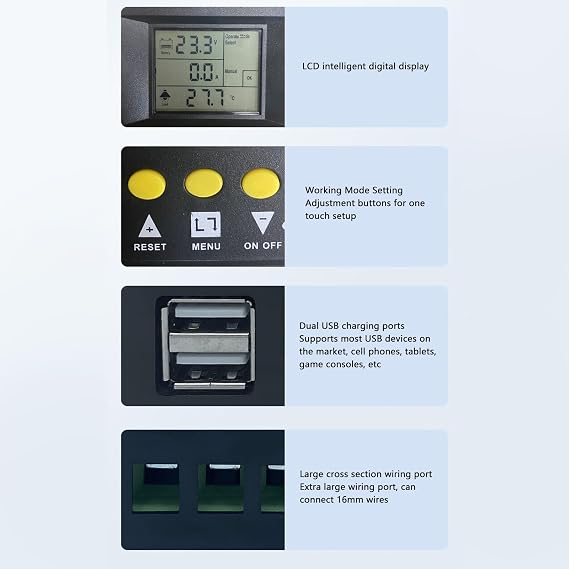MPPT Solar Panel Regulator, Professional Efficient 12V 24V 36V 48V Solar Controller 7 Working Modes Solar Panel Controller with Dual USB 5V Charging Ports (200A)