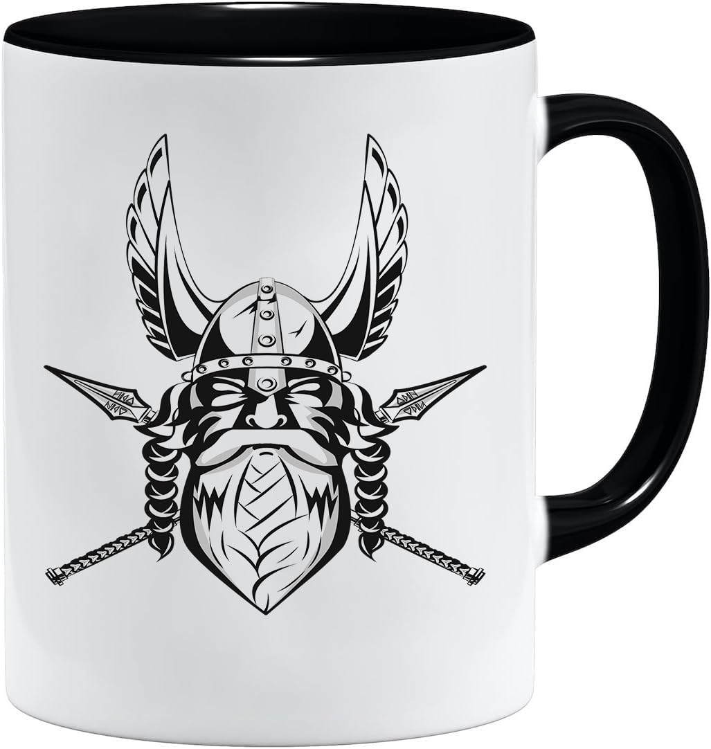 Jungle Mug Taza vikinga nórdica, idea de regalo para hombres mayores, papá, abuelo, taza de café, diseño vikingo, cránea, jarra de cerveza y martillo (VIKING015)