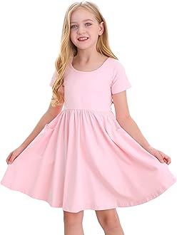StelleGirls Short Sleeve Dress Summer Kids Toddler Skater Twirl A Line Solid Color T-Shirt Dress for School Casual 3-12 Y
