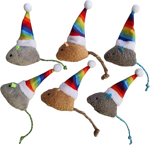 Paquete de 6 ratones de gato con hierba gatera de Navidad con sombreros de Papá Noel, juguetes interactivos para gatos y gatitos de interior, regalo