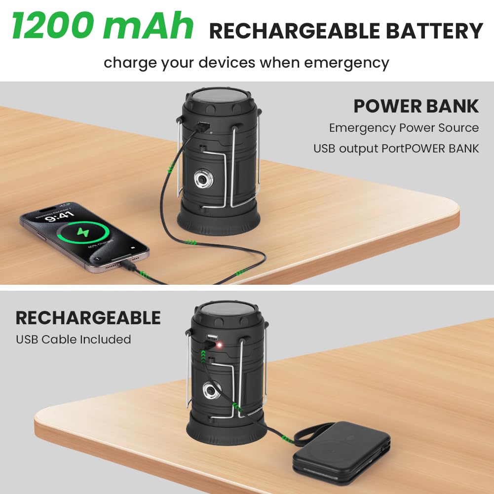 HOTUT LED Campinglampe Solar, Aufladbar Camping Laterne, Faltbare Wasserdicht Camping Licht mit Haken, USB und Solar Laden Notfallleuchte für Wandern, Angeln, SOS, Ausfälle
