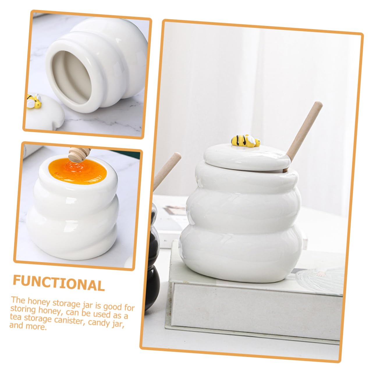 FUNOMOCYA Honey Storage Jar Ceramic Honey Pot with Bee Design Honey Dispenser White