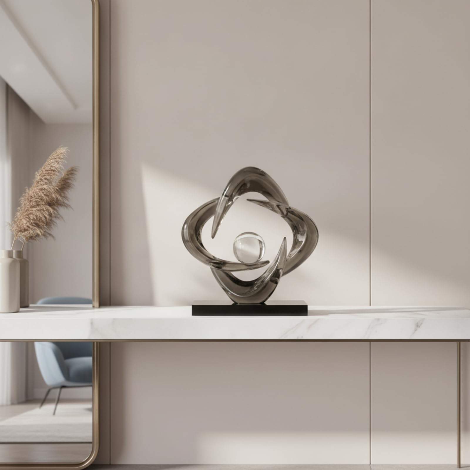 rockible Vier-Schleifen-Ringornament glänzend Tischskulptur mit Sockel dekorativ Wohndeko für Wohnzimmer, Büro, Transparentes Blau