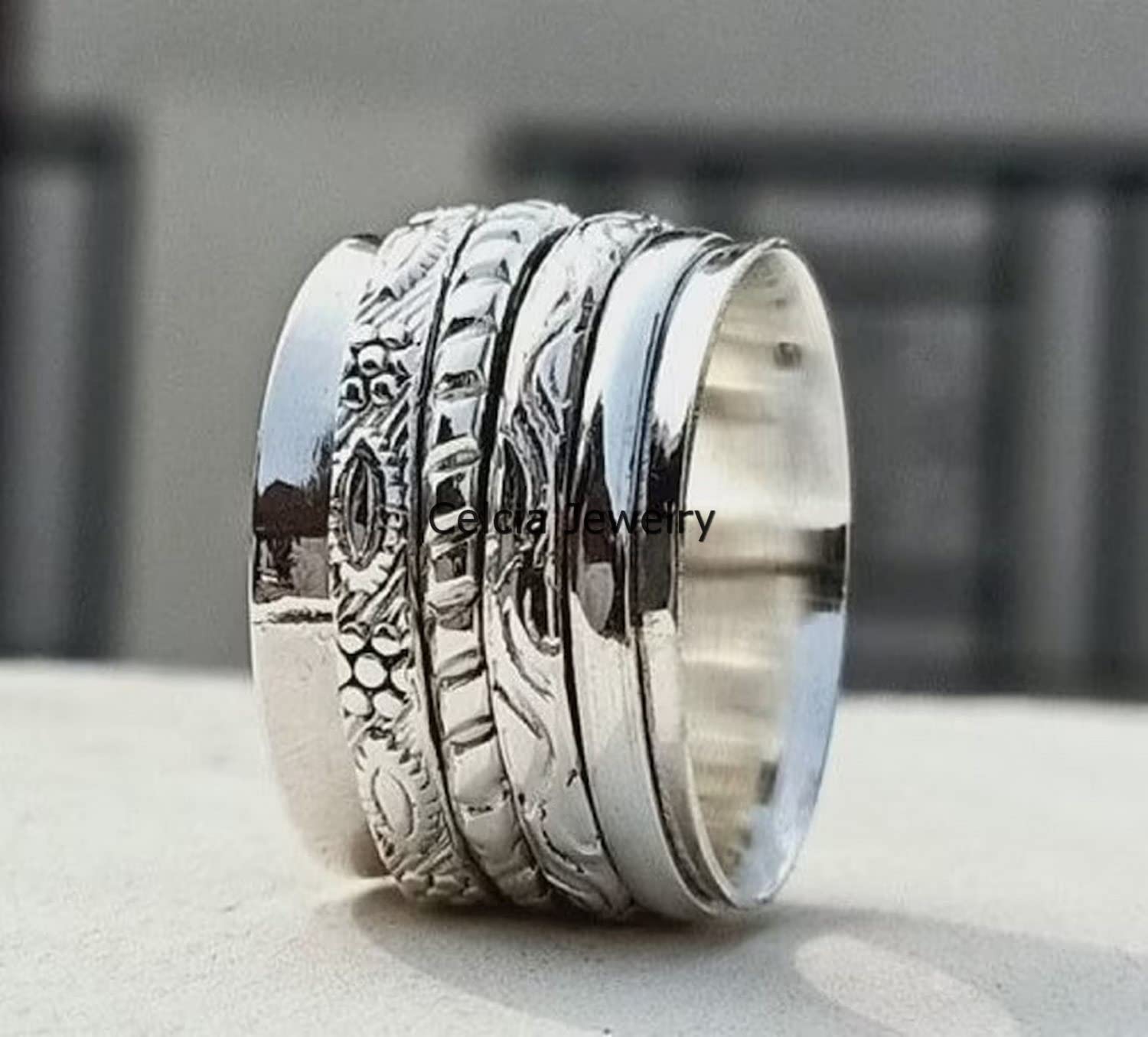 Bijoux de méditation en argent sterling 925 pour femmes et hommes, bague délicate tournante avec bande de pouce (taille USA 7)