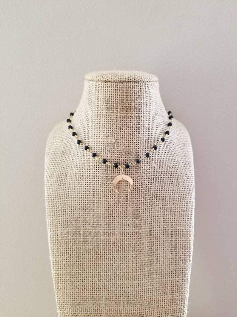 Gold Crescent Horn Necklace Choker Black Agate Stone Rosary Chain Gift For Her
