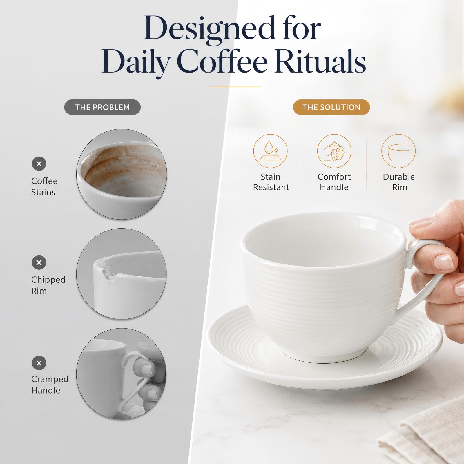 Juego de 4 tazas de café con platillos, tazas de capuchino (12 onzas), tazas de té blanco de cerámica con platillos, aptas para microondas y lavavajillas, para el hogar, cafetería
