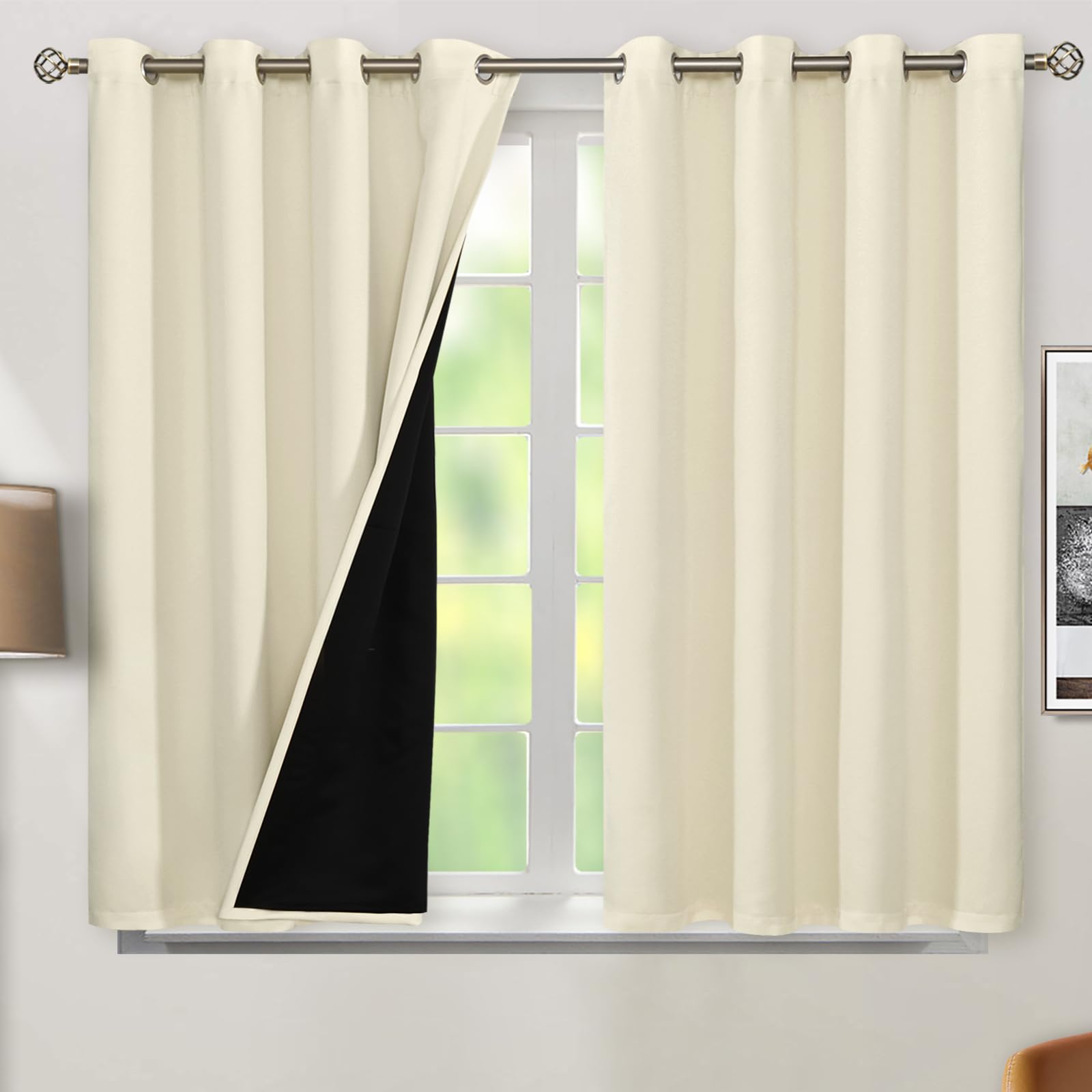 BGment Thermal Insulated 100% Blackout Curtains for Bedroom with Black Liner, Double Layer Full Room Darkening Noise Reducing Grommet Curtain (52 x 54 Inch, Cream, 2 Panels)