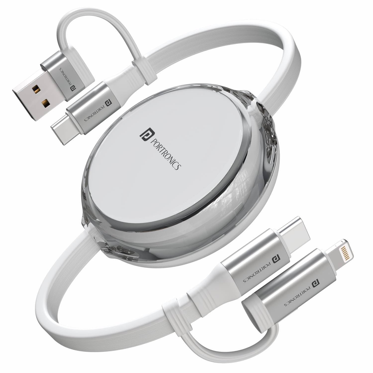 Portronics 60W Quadline 4-In-1 Multifunctional Fast Charging Retractable Cable With Multiple Port & Strong Heads, Strong, Type C, Lightening, USB A, Fast Data Sync, 1M Cable Length (White)-image-22
