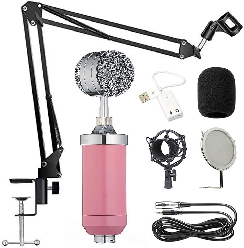 CWCQGH condenser mic Kit Mic Set gaming mic, Podcast PC Mic to 3.5mm with Adjustable Mic Suspension Scissor Arm, for Studio Recording Broadcasting (Pink)