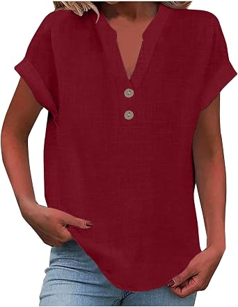 Linen Tops for Women 2025 Summer Trendy Short Sleeve Cotton Tops Casual Loose V Neck Button Down Blouses Outfits