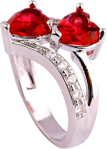 Miniatura 9 de Emsione Anillo de promesa de boda con topacio azul y blanco, chapado en plata de ley 925, con doble corazón