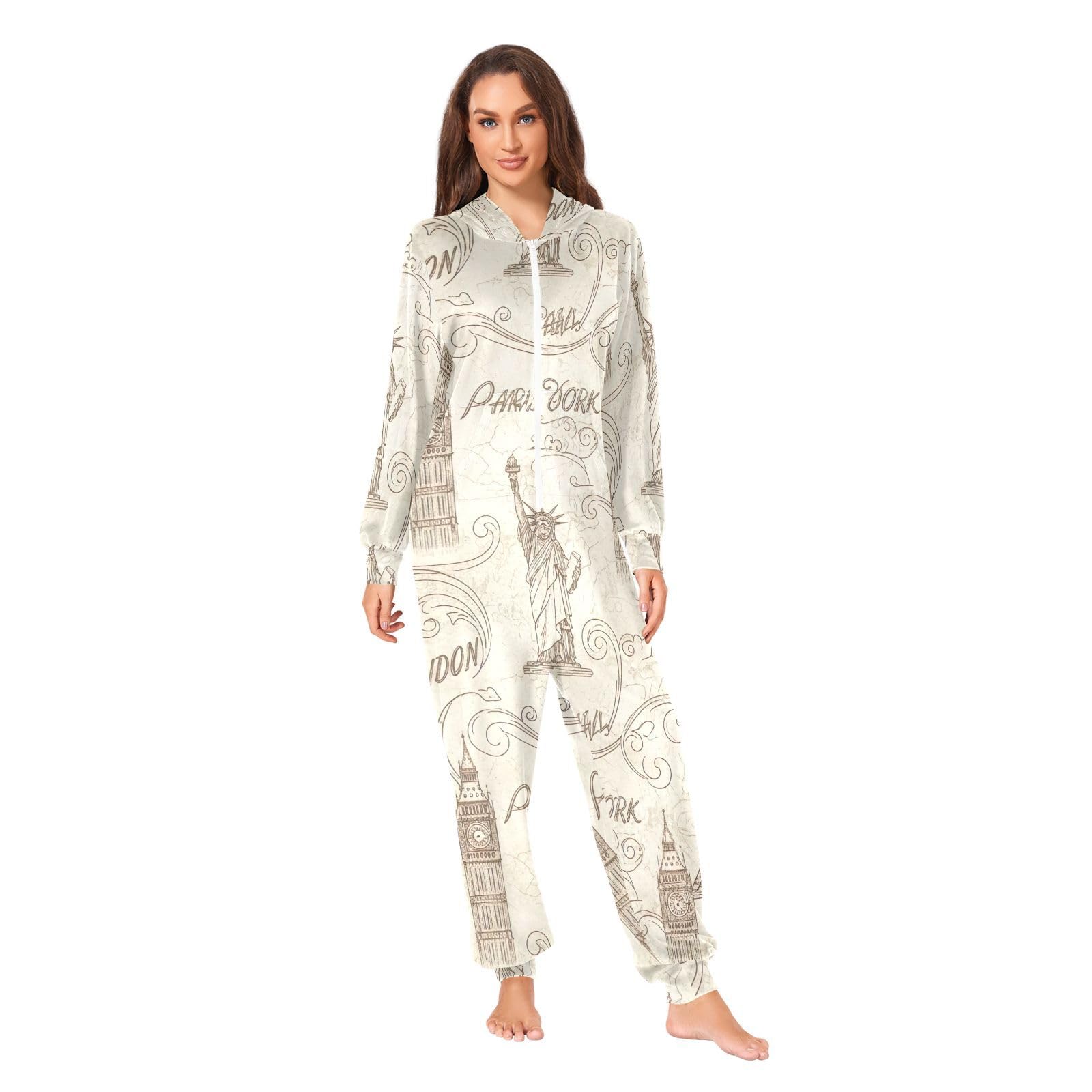 Pigiama natalizio vintage Londra Parigi beige adulto donna monopezzo con cappuccio, tuta natalizia per adulti