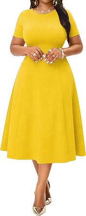 Nmoder Casual Midi Dresses for Women Short Sleeve Fit and Flare A-line Church Crew Neck Dress with Pocket