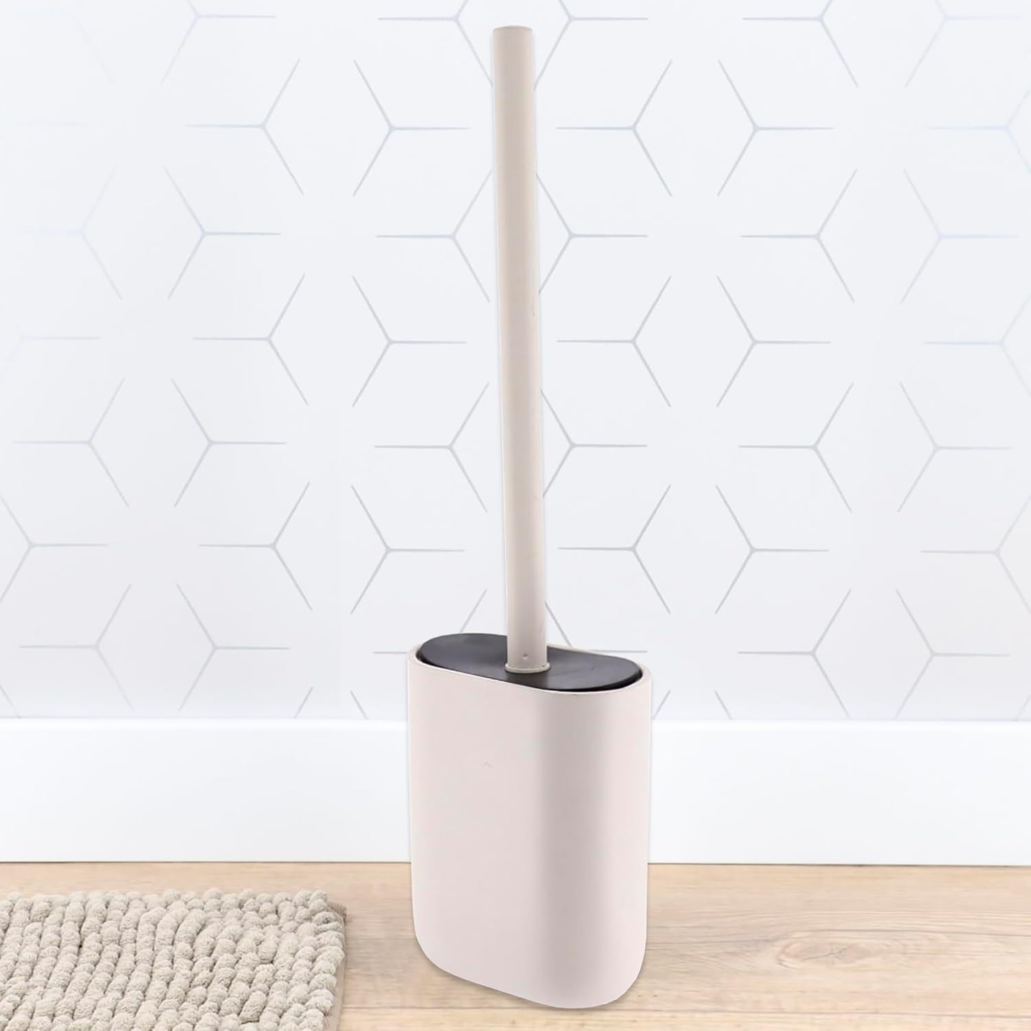 Oval Beige Toilet Brush and Holder Set - Minimalist Polyresin Base, Stainless Steel Handle, Silicone Head - Japandi Collection