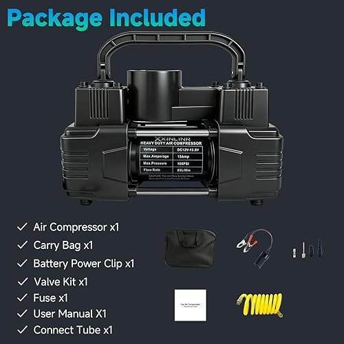 Miniatura 7 de Inflador de neumáticos negro de doble cilindro resistente con bolsa portátil, accesorios para automóvil, bomba de compresor de aire de metal 12V
