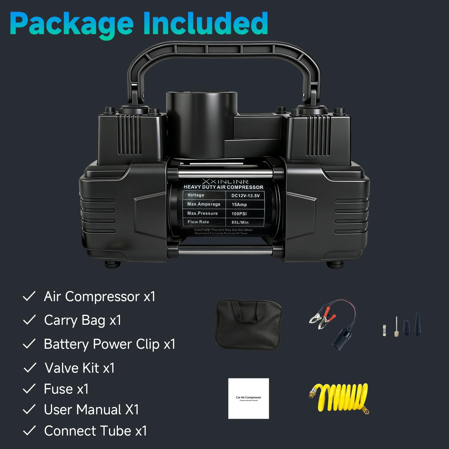 Pompka do czarnych opon Heavy Duty Podwójne cylindry z przenośną torbą - akcesoria samochodowe, metalowa pompa sprężarki powietrza 12 V 150 PSI z adapterem do samochodów, ciężarówek, SUV-ów, pontonów,