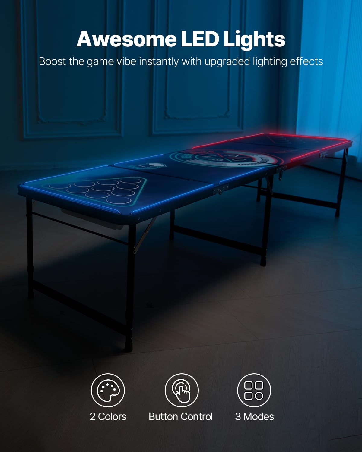 VEVOR Tavolo da Beer Pong Portatile 2,4 m con Luci a LED, Tavolo Pieghevole con Maniglia per Trasporto e 6 Palline da Pong, Altezza Regolabile 2 Livelli 710 mm 520 mm Carico Max 30 kg, Feste
