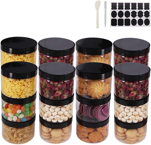 zmybcpack 24 Pack 8 OZ Round Clear Plastic Jars With Lids, A Spatula, A Pen & Labels - BPA Free PET Container for Cosmetics, Cream, Bathroom, Kitchen, Gifts & Travel Plastic Slime Storage Jars