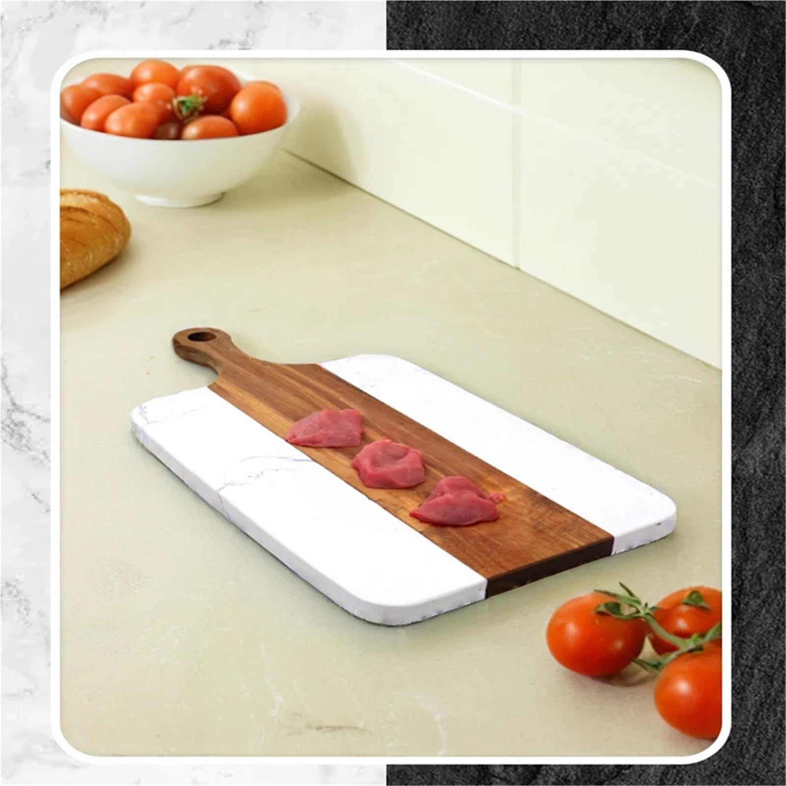Käse- und Pizzabrett aus Akazienholz und Marmor, elegante schwarz-weiße Servierplatte, perfekt für Unterhaltung, Charcuterie und Gourmet-Käse-Liebhaber