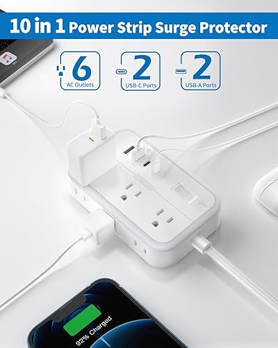 Miniatura 2 de Cable de extensión plano de 10 pies, enchufe plano protector de sobretensiones con 6 tomacorrientes, 4 puertos USB, extensor de toma de corriente