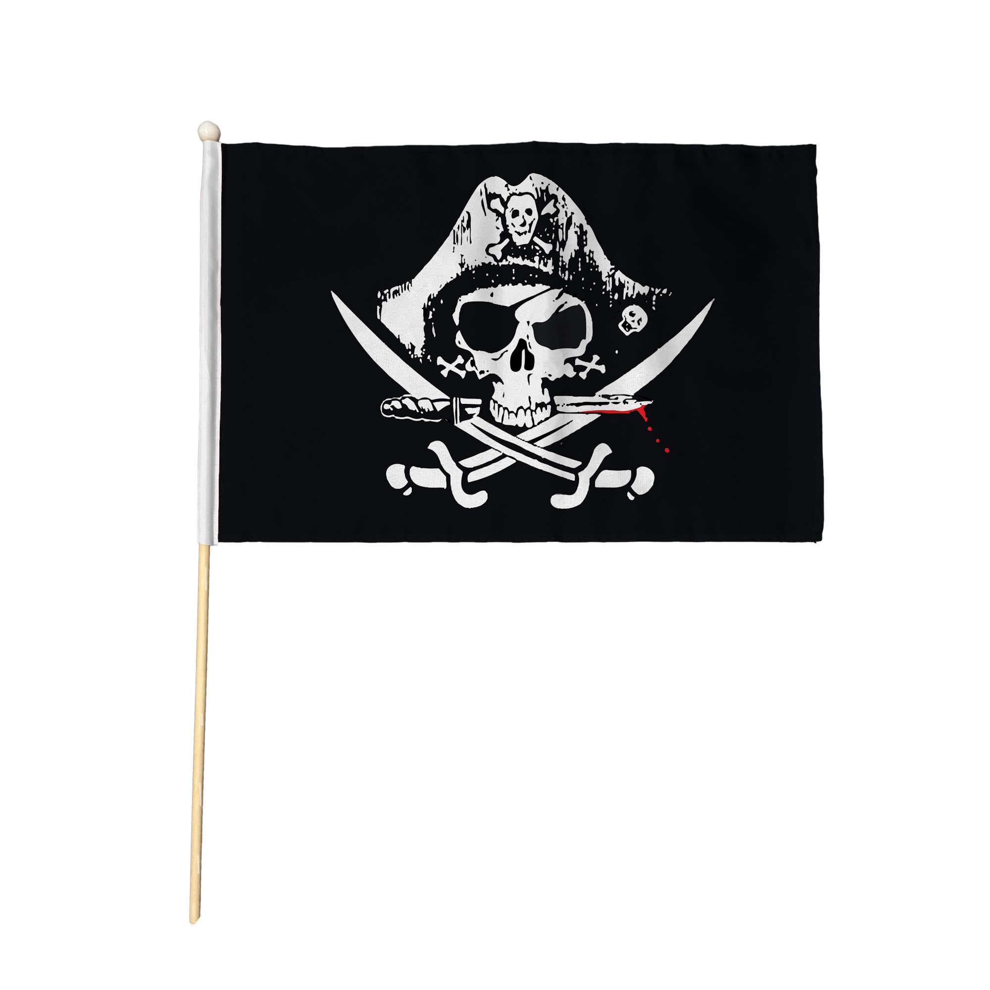Flagtex Crossed Sabres Pack of 12 Hand Waving Flag (9x6 Inch) - Premium Wooden Stick Pirate Flag 9x6 Inch Natural Wood Pole Black Red Skull Swords Jolly Roger Party Events
