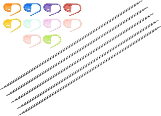 Uxcell 5Pcs US 2.5(3mm) Aiguille de tricot à double pointe 7.87 Longueur des pouces Acier inoxydable Tiges aiguilles avec 10 Marqueur de mailles pour les projets faits à la main DIY Tricots