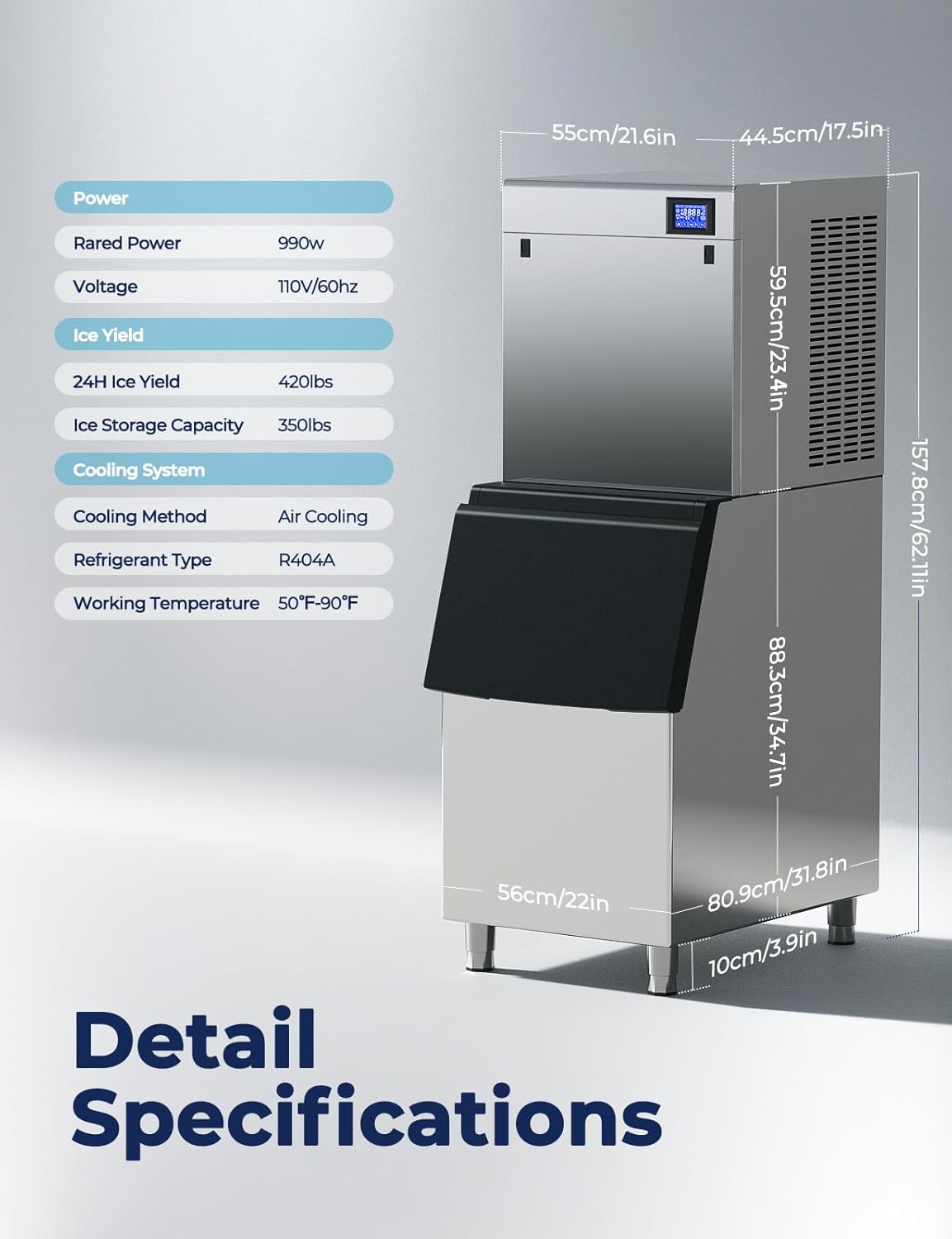 Diagram showing detailed specifications and dimensions of the ice maker