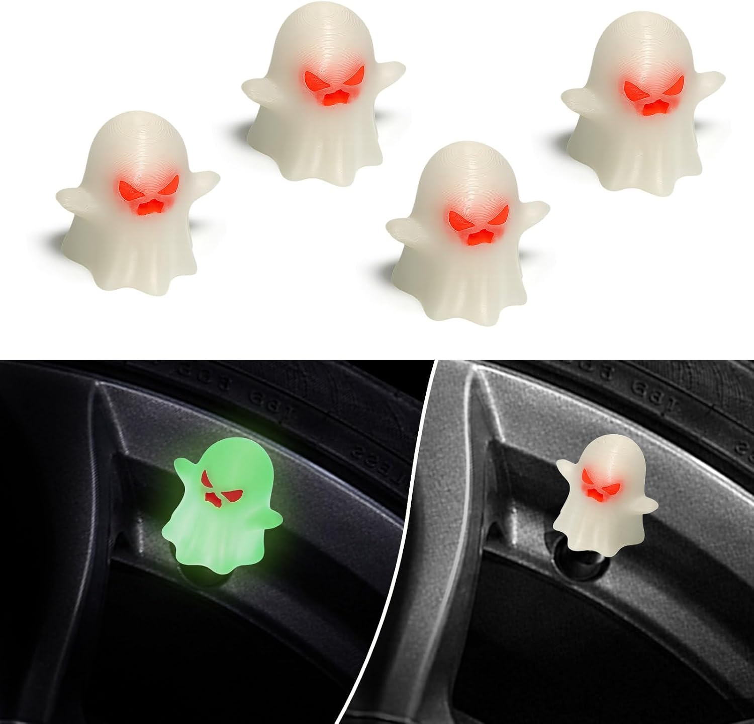 Glow in The Dark Valve Stem Caps for Cars,Cute Accessories for Car (Ghost)